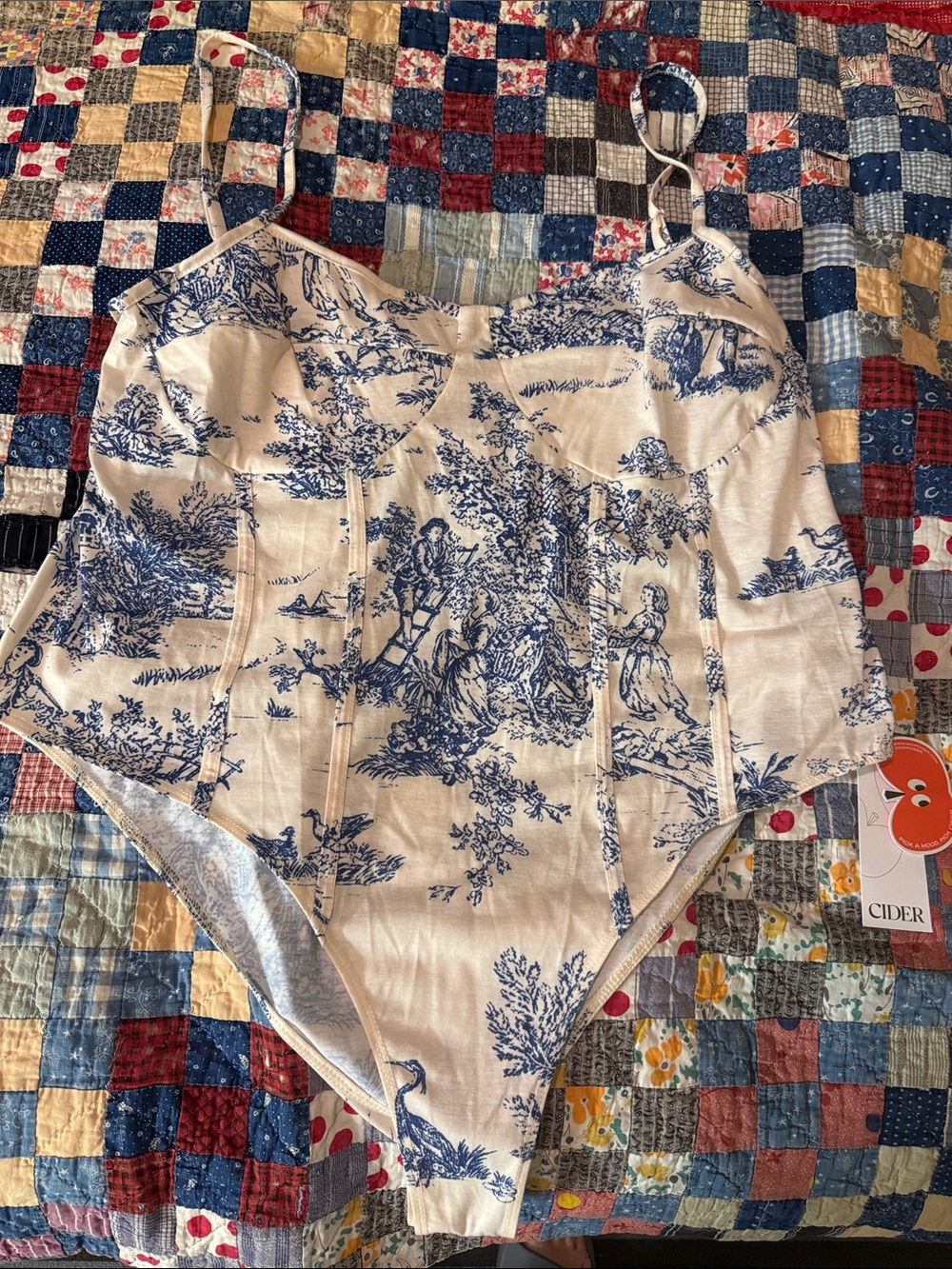 Cider Blue and White Toile One-Piece Bodysuit Womens 3XL